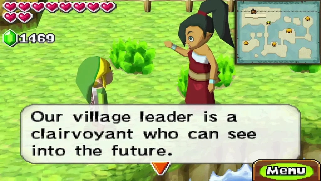 Nagi in a red dress explaining that the village leader is a clairvoyant Nagi in a red dress explaining that the village leader is a clairvoyant
