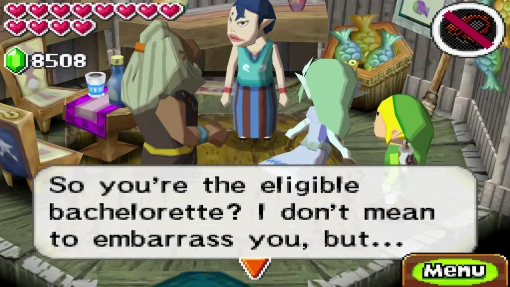 The blue-haired Papuchia woman in her house while a visitor calls her the eligible bachelorette. The blue-haired Papuchia woman in her house while a visitor calls her the eligible bachelorette.