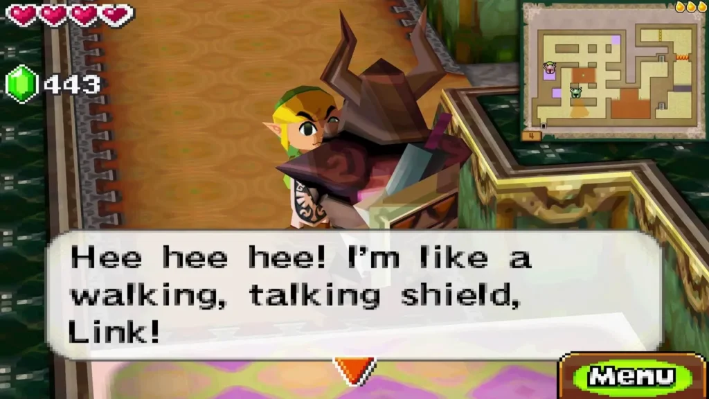 Zelda inside a Phantom armour beside Link, saying she is like a walking, talking shield. Zelda inside a Phantom armour beside Link, saying she is like a walking, talking shield.