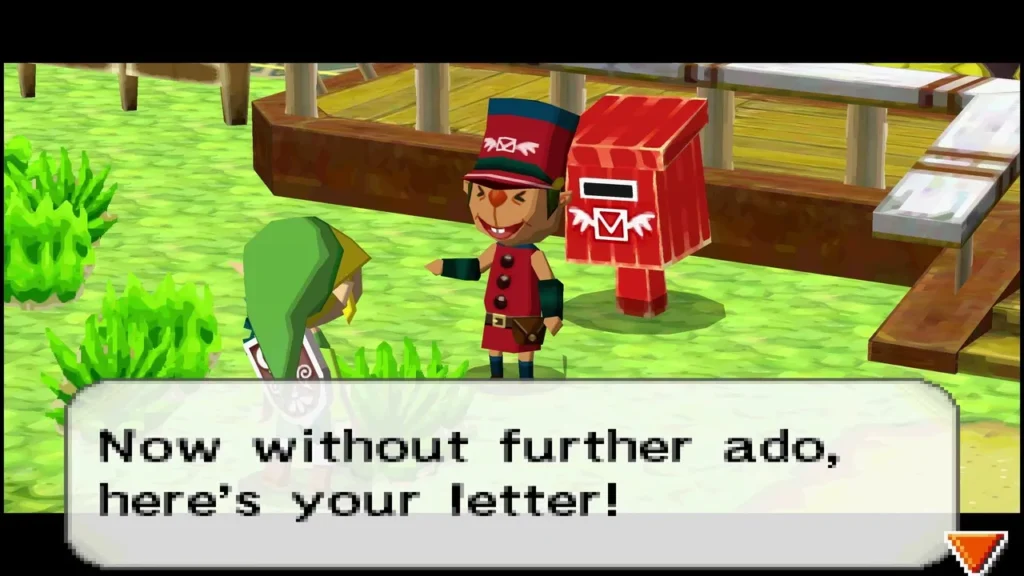 The Postman in the Forest Realm town with a message box saying 'Now without further ado, here's your letter!' The Postman in the Forest Realm town with a message box saying 'Now without further ado, here's your letter!'