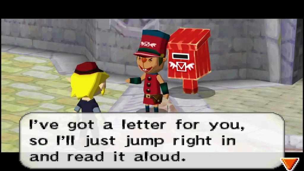 The Postman in Castle Town about to read a letter aloud to Link The Postman in Castle Town about to read a letter aloud to Link