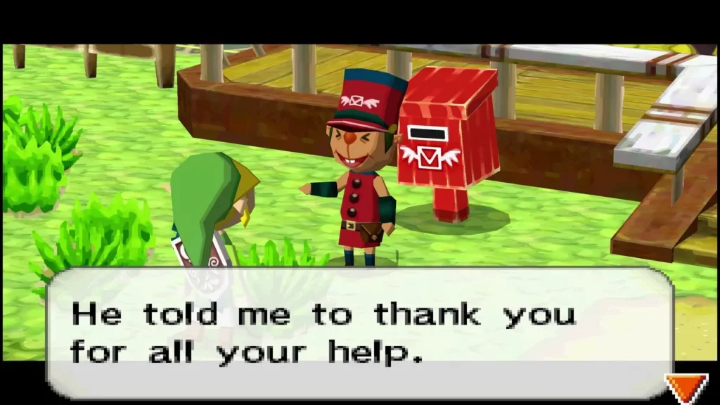 The Postman in the Forest Realm town, with a message box saying he was asked to thank Link for all his help The Postman in the Forest Realm town, with a message box saying he was asked to thank Link for all his help