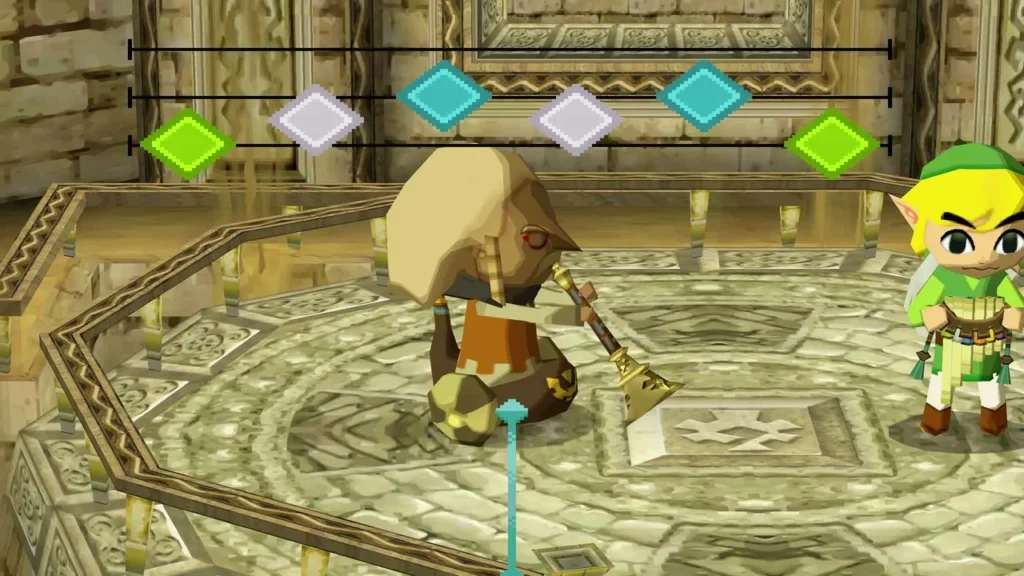 Rael playing the shawm in the Sand Sanctuary while Link listens Rael playing the shawm in the Sand Sanctuary while Link listens