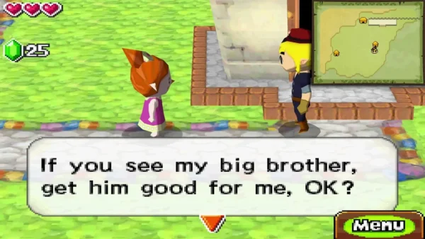 Rei in a pink dress outside a house in Aboda Village, asking Link to be good to her big brother Rei in a pink dress outside a house in Aboda Village, asking Link to be good to her big brother