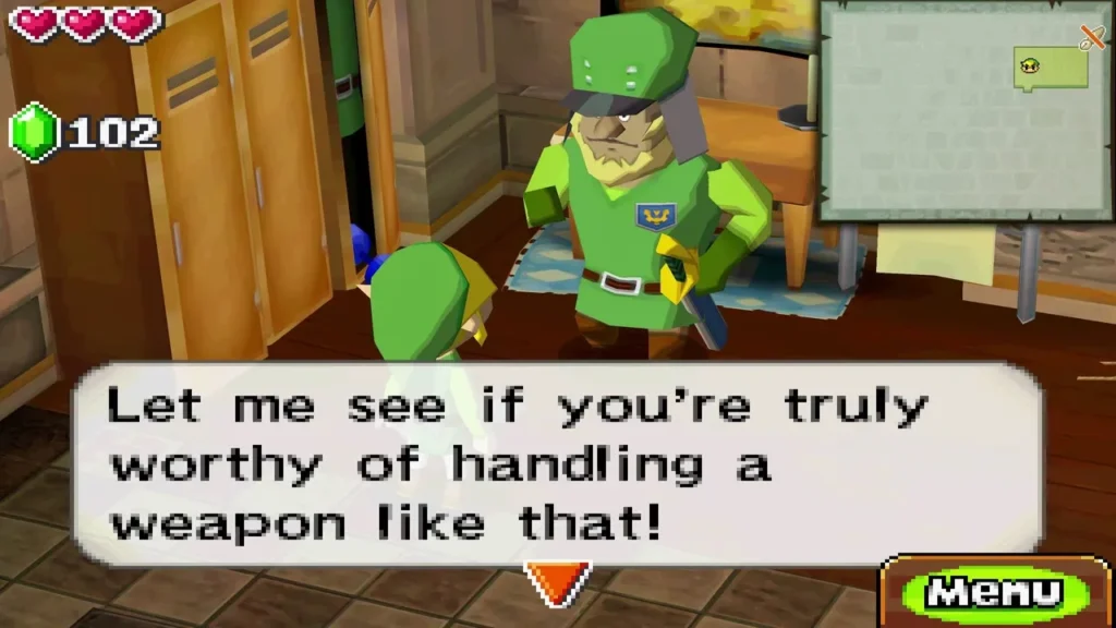 Captain Russell in a green uniform and helmet testing Link's sword in the barracks Captain Russell in a green uniform and helmet testing Link's sword in the barracks