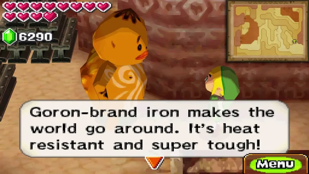 Tengoron, the Goron shopkeeper in Goron Village, praising Goron-brand iron as heat resistant and tough Tengoron, the Goron shopkeeper in Goron Village, praising Goron-brand iron as heat resistant and tough