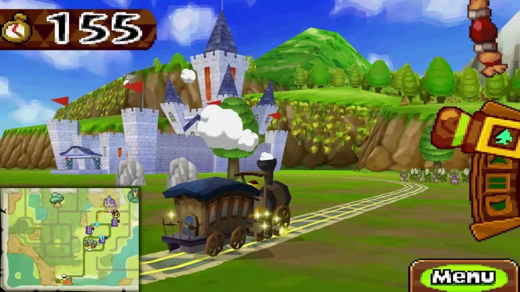 The Spirit Train rolling along the rails toward the white walls and red flags of Hyrule Castle The Spirit Train rolling along the rails toward the white walls and red flags of Hyrule Castle
