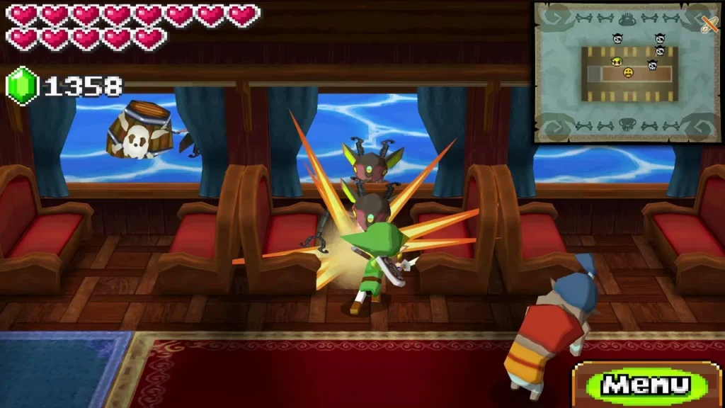 Link slashes a Miniblin in the train car while the freed Wadatsumi stands at the edge of the red carpet Link slashes a Miniblin in the train car while the freed Wadatsumi stands at the edge of the red carpet