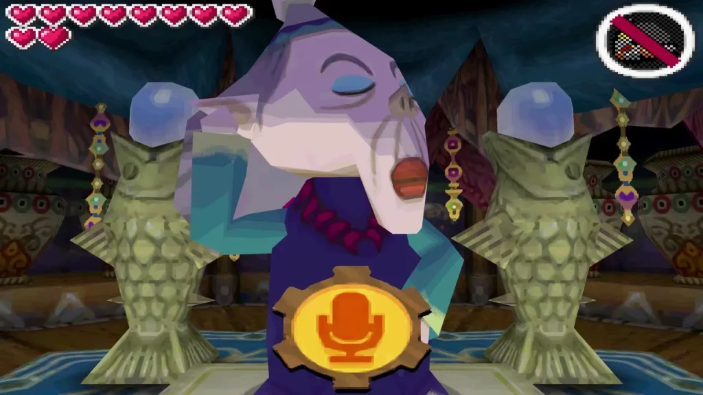 The Wise One in her chamber, with a microphone icon showing that Link must blow into it The Wise One in her chamber, with a microphone icon showing that Link must blow into it