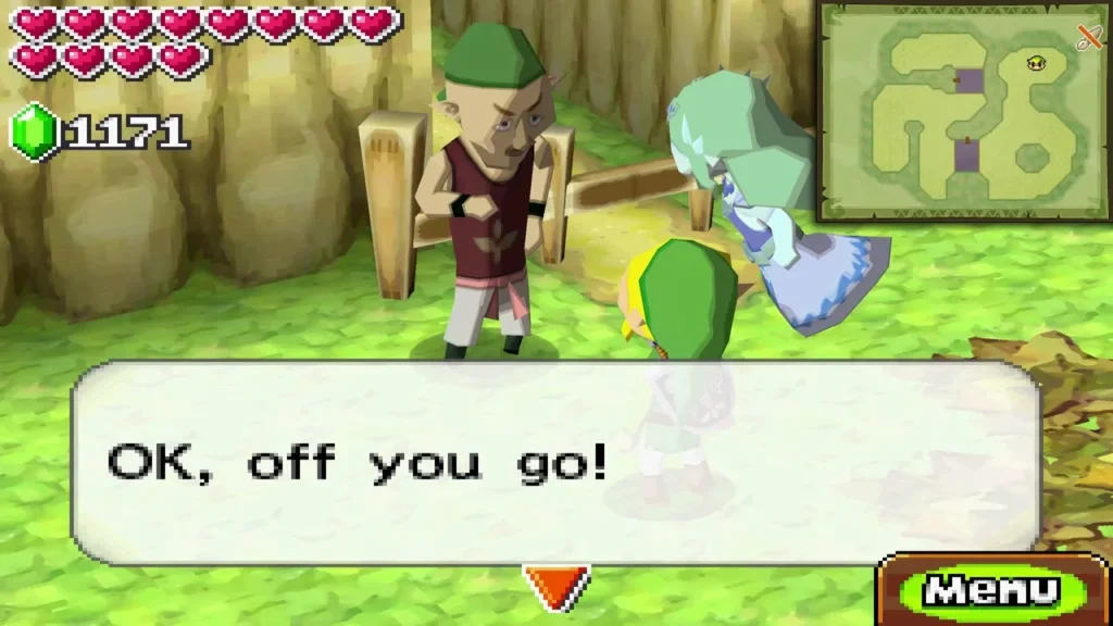 Wood, the whip race host, saying "OK, off you go!" as Link prepares to race. Wood, the whip race host, saying "OK, off you go!" as Link prepares to race.