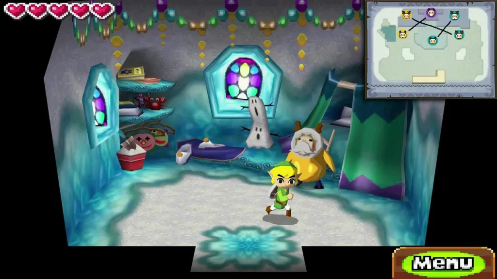 Yefu the yellow-coated Anouki standing in his house beside Link, with stained-glass windows Yefu the yellow-coated Anouki standing in his house beside Link, with stained-glass windows