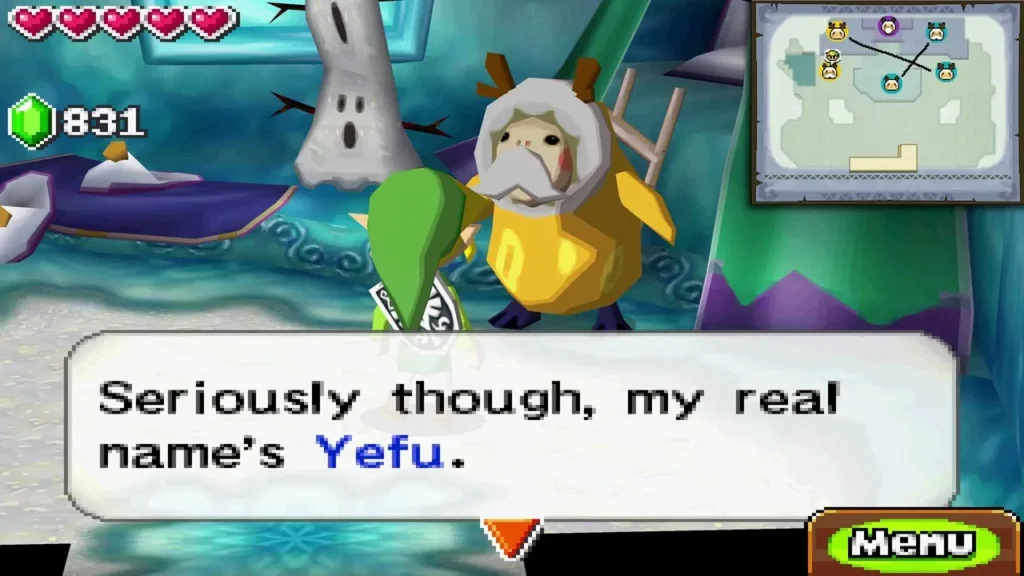 Yellow-coated Anouki Yefu telling Link his real name in a teal village house Yellow-coated Anouki Yefu telling Link his real name in a teal village house