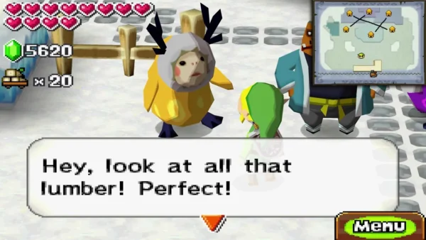 Yellow-coated Anouki admiring the delivered lumber while Link stands beside it Yellow-coated Anouki admiring the delivered lumber while Link stands beside it