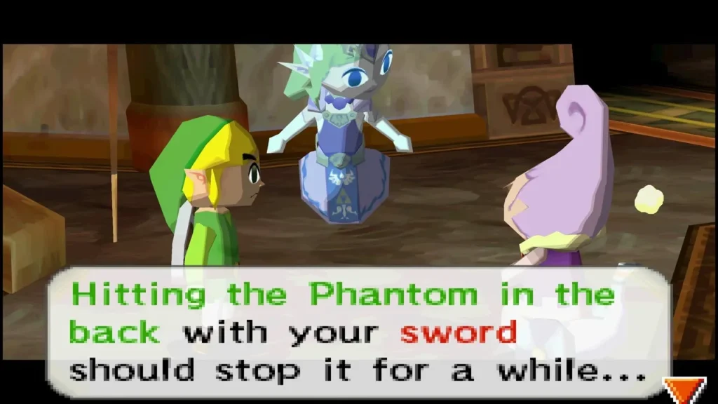 Zelda's spirit above a blue Phantom armor while Link listens to a purple-haired sage Zelda's spirit above a blue Phantom armor while Link listens to a purple-haired sage