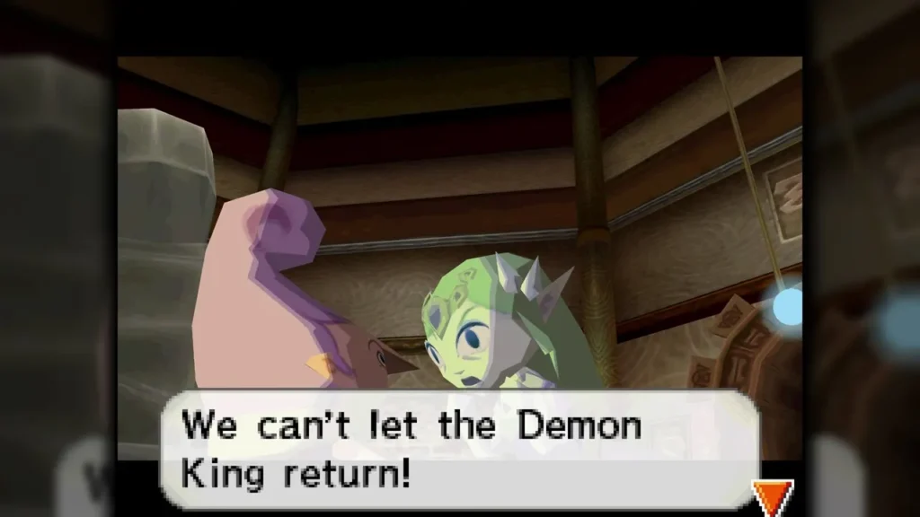 Zelda's spirit in the Tower of Spirits, saying "We can't let the Demon King return!" Zelda's spirit in the Tower of Spirits, saying "We can't let the Demon King return!"
