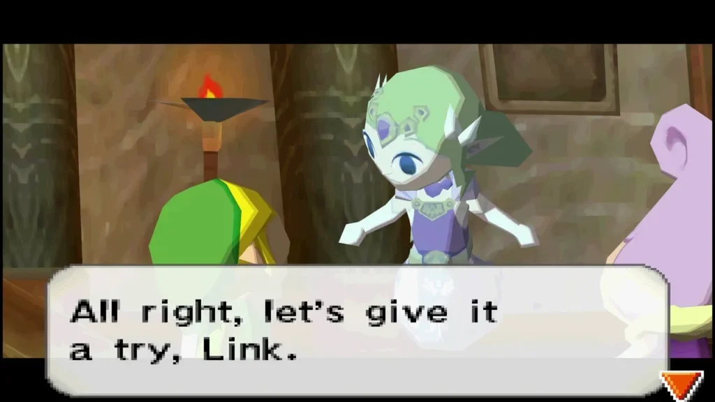 Zelda's spirit standing beside Link in the Tower of Spirits, ready to try the Phantom Zelda's spirit standing beside Link in the Tower of Spirits, ready to try the Phantom