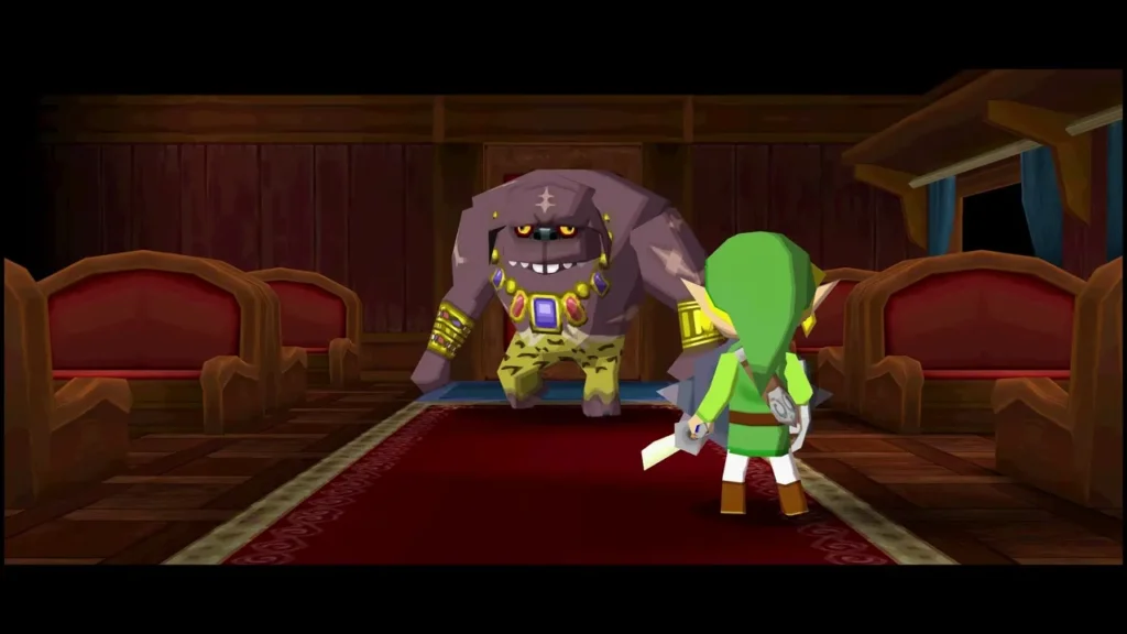 A Big Blin stands at the end of a train car as Link walks up with his sword A Big Blin stands at the end of a train car as Link walks up with his sword