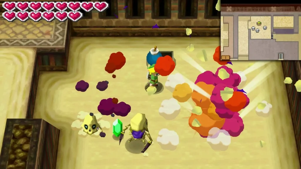 A bomb blast bursts among the Stalfos in the Sand Temple, sending smoke across the sand. A bomb blast bursts among the Stalfos in the Sand Temple, sending smoke across the sand.