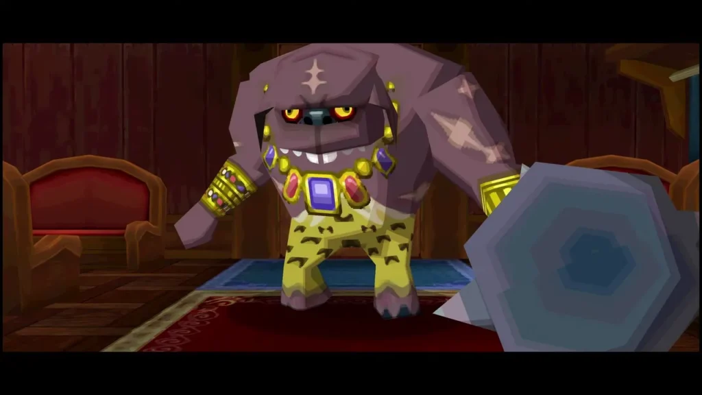 A huge purple pirate brute with a club and shield stands in a train car A huge purple pirate brute with a club and shield stands in a train car