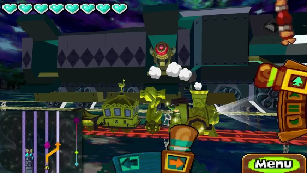 A dark armoured train chasing Link's Spirit Train along the Dark Realm rails A dark armoured train chasing Link's Spirit Train along the Dark Realm rails