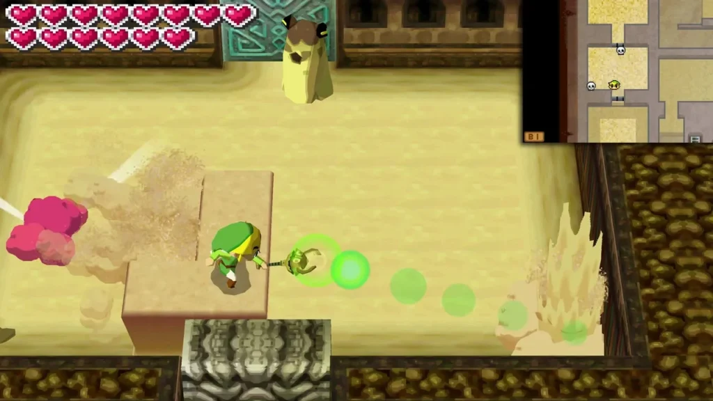 A tall sand-coloured Ergtorok with dark eyes rises beside a teal door as Link raises a sand block with the Sand Wand A tall sand-coloured Ergtorok with dark eyes rises beside a teal door as Link raises a sand block with the Sand Wand