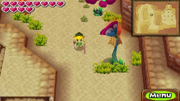 A tall Fire Baba with a magenta mouth on a teal stalk stands on a sandy path beside Link. A tall Fire Baba with a magenta mouth on a teal stalk stands on a sandy path beside Link.