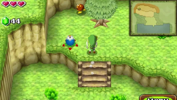 An orange Spinut waits beside a tree on a grassy ledge near Link and a blue bulb-eyed creature An orange Spinut waits beside a tree on a grassy ledge near Link and a blue bulb-eyed creature