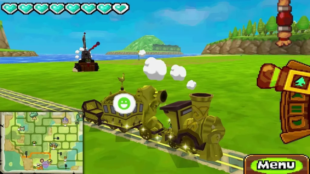 A tank with a red cannon arm waits on the Forest Realm grass by the sea ahead of the Spirit Train A tank with a red cannon arm waits on the Forest Realm grass by the sea ahead of the Spirit Train