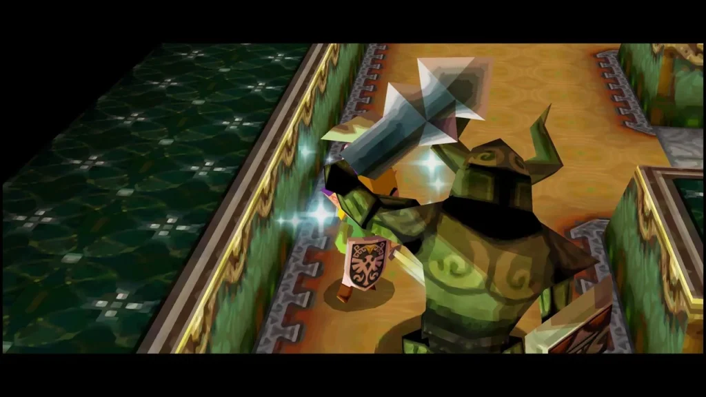 Link fighting a horned Geozard behind its large metal shield in the Tower of Spirits Link fighting a horned Geozard behind its large metal shield in the Tower of Spirits