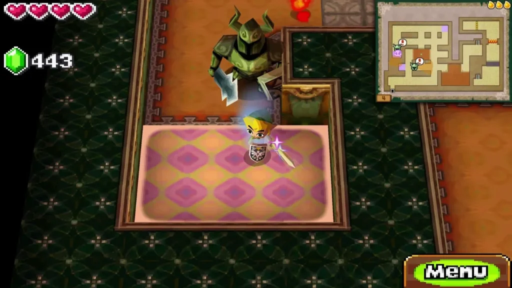 A green armoured Phantom looms over Link on a patterned pad in the Tower of Spirits A green armoured Phantom looms over Link on a patterned pad in the Tower of Spirits