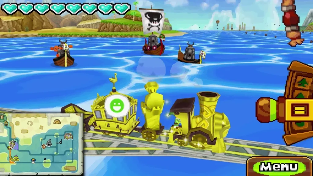 Three pirate gunboats with a skull flag approach the Spirit Train on the Ocean Realm sea Three pirate gunboats with a skull flag approach the Spirit Train on the Ocean Realm sea