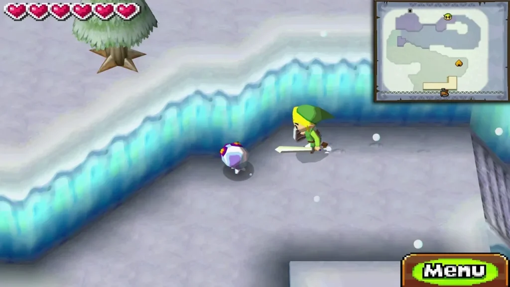 A white Ice ChuChu with a purple eye waits beside Link on an icy ledge on the path to the Snow Sanctuary A white Ice ChuChu with a purple eye waits beside Link on an icy ledge on the path to the Snow Sanctuary