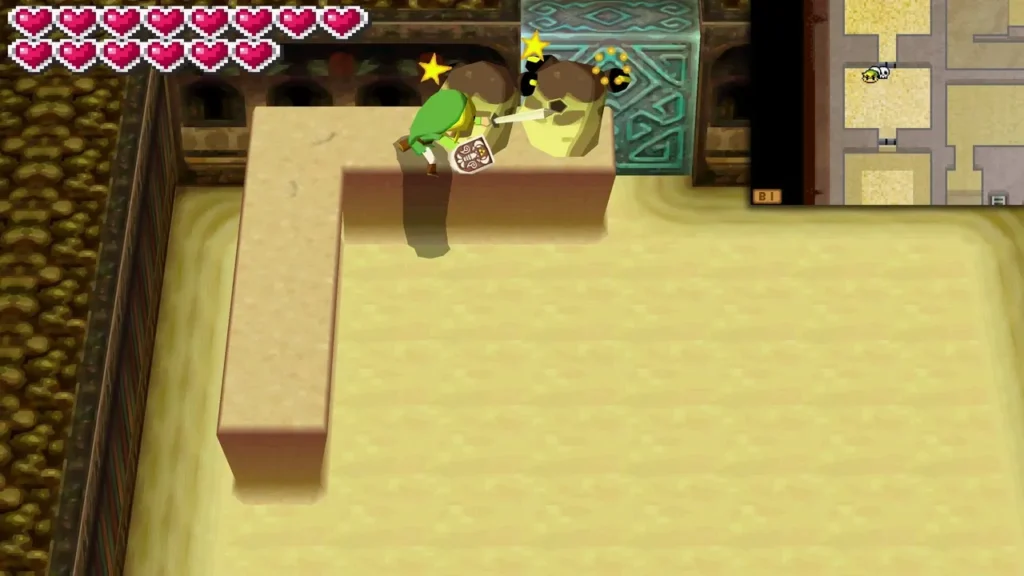 Link slashes down at a stunned Ergtorok on a block of sand in the Sand Temple Link slashes down at a stunned Ergtorok on a block of sand in the Sand Temple