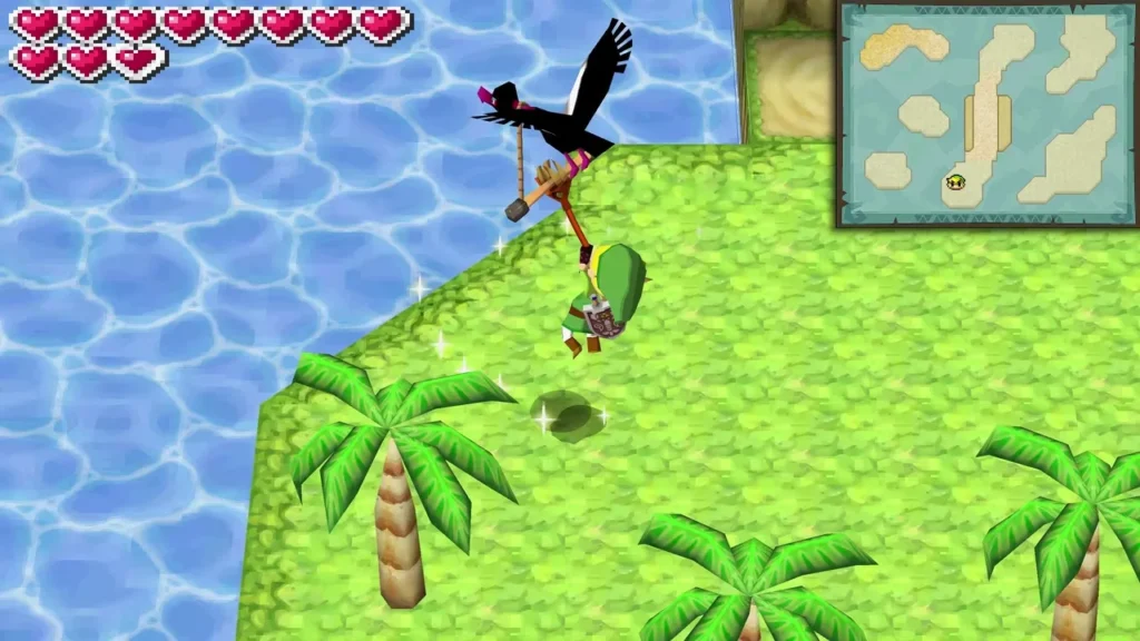 Link swinging his sword up at a black crow diving at him on the island Link swinging his sword up at a black crow diving at him on the island