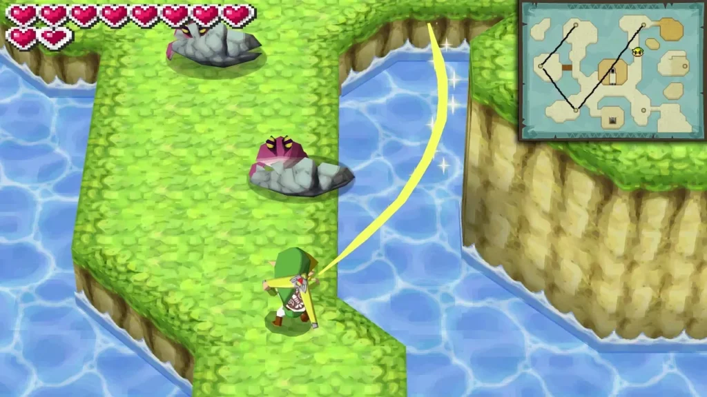 A Lobarrier crouches behind its stone claw on a grassy island as the boomerang path curves toward it A Lobarrier crouches behind its stone claw on a grassy island as the boomerang path curves toward it