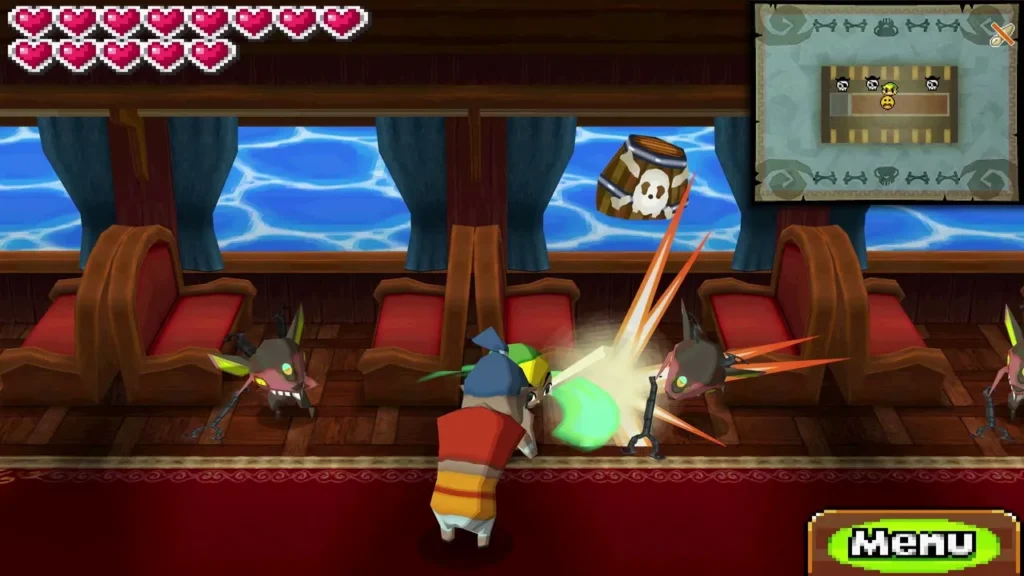 Miniblin pirates swarming Link in the Spirit Train car as he spin-attacks Miniblin pirates swarming Link in the Spirit Train car as he spin-attacks
