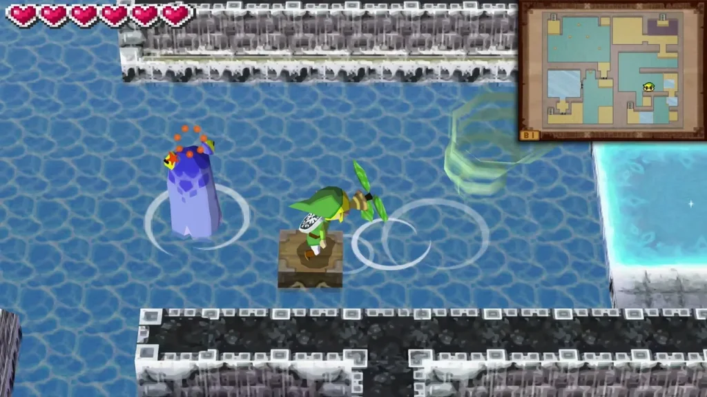 A blue Octive in the Snow Temple pool spits orange rocks as Link stands on a floating block A blue Octive in the Snow Temple pool spits orange rocks as Link stands on a floating block