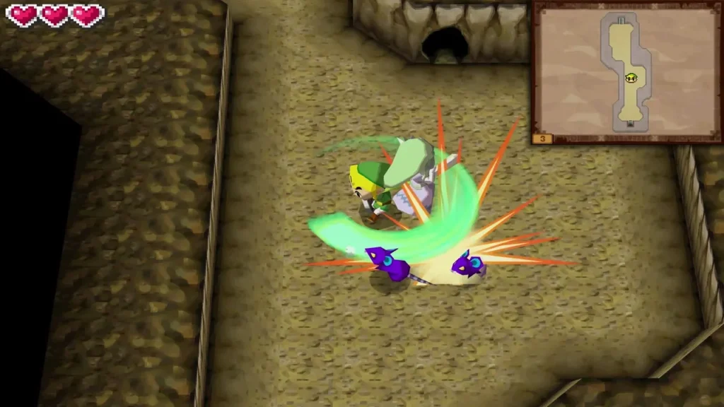 Link slashing two small purple rats with a sword spin in a dim cave passage Link slashing two small purple rats with a sword spin in a dim cave passage
