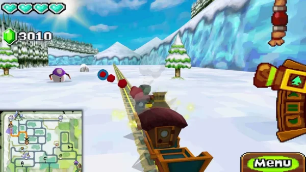 A purple-scarfed Sir Frosty snowman lobs red snowballs at the Spirit Train on the snow rails A purple-scarfed Sir Frosty snowman lobs red snowballs at the Spirit Train on the snow rails