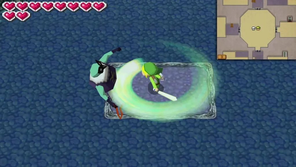 Link's green spin attack sweeps around a Snapper on the Ocean Temple rug. Link's green spin attack sweeps around a Snapper on the Ocean Temple rug.