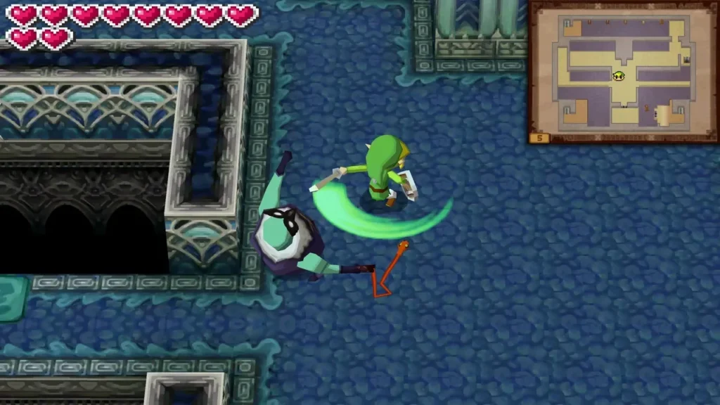 Link spin-attacks a second Snapper in another Ocean Temple room, its whip trailing across the floor. Link spin-attacks a second Snapper in another Ocean Temple room, its whip trailing across the floor.
