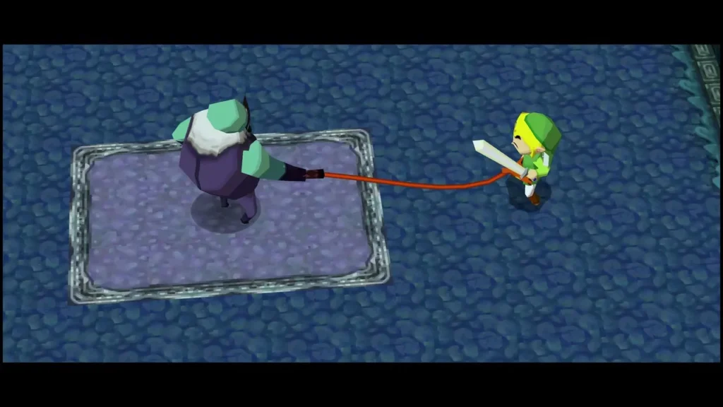 A Snapper's orange whip stretches taut from its hand to Link on the Ocean Temple's tiled floor. A Snapper's orange whip stretches taut from its hand to Link on the Ocean Temple's tiled floor.