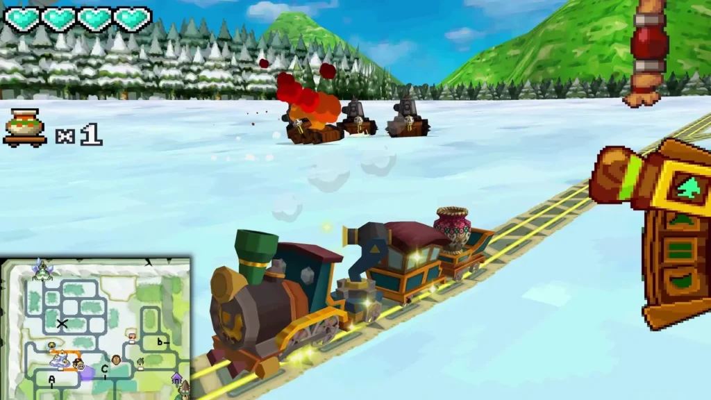 Three tanks chase the Spirit Train across the Snow Realm, one already burning after a cannon hit Three tanks chase the Spirit Train across the Snow Realm, one already burning after a cannon hit