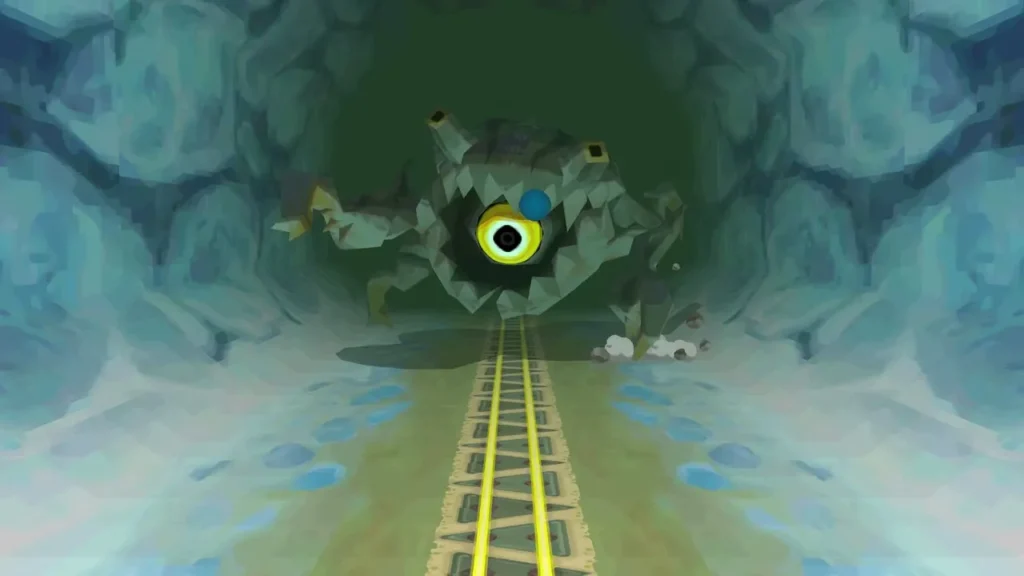 Rocktite with its yellow eye glowing in the Snow Realm tunnel as the Spirit Train runs toward it Rocktite with its yellow eye glowing in the Snow Realm tunnel as the Spirit Train runs toward it