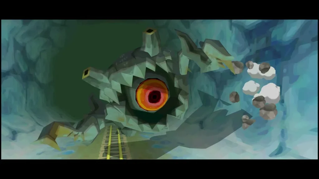 Rocktite in the Snow Realm tunnel with rocks spraying from its eye after a cannon hit Rocktite in the Snow Realm tunnel with rocks spraying from its eye after a cannon hit