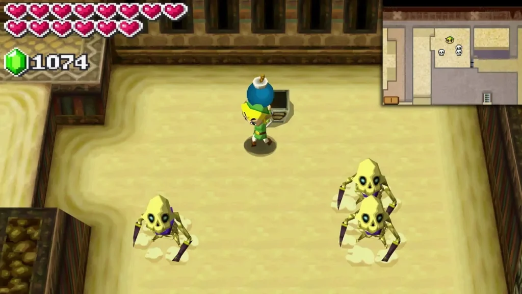 Link holds a lit bomb overhead as three Stalfos skeletons wait in the Sand Temple's chest room. Link holds a lit bomb overhead as three Stalfos skeletons wait in the Sand Temple's chest room.