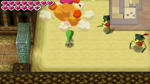 Two green-helmeted skeleton warriors with swords on a Sand Temple floor as a bomb blast goes off behind them Two green-helmeted skeleton warriors with swords on a Sand Temple floor as a bomb blast goes off behind them