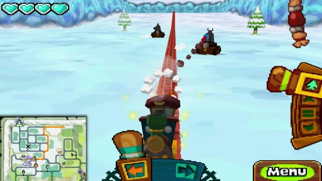 Two horned tanks roll down the red rail toward the train, flinging shells in the Snow Realm Two horned tanks roll down the red rail toward the train, flinging shells in the Snow Realm