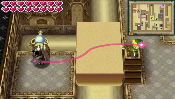 Blue-domed Warp Phantom on sand in the Tower of Spirits, with a pink path running across the floor to Link Blue-domed Warp Phantom on sand in the Tower of Spirits, with a pink path running across the floor to Link