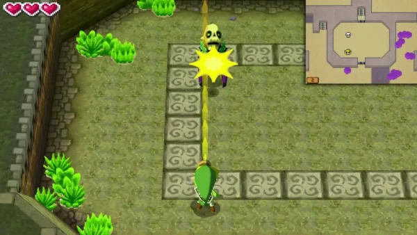 Link blowing a Whirlwind at a skull-faced Bubble in the Forest Temple Link blowing a Whirlwind at a skull-faced Bubble in the Forest Temple
